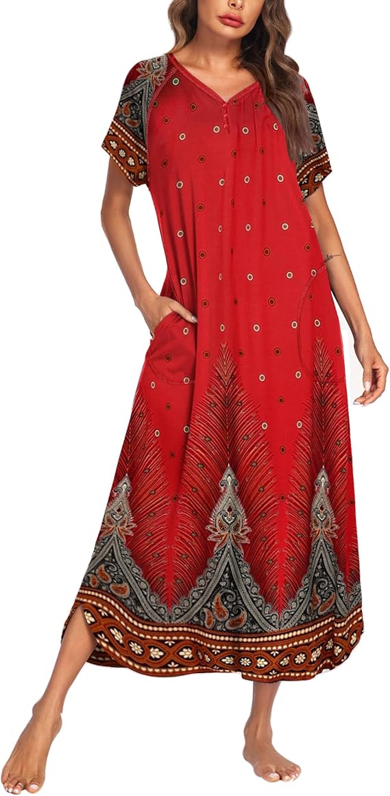 Ekouaer Long Nightgown Women's Loungewear Short Sleeve Sleepwear Full Length Sleep Shirt with Pockets