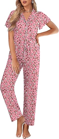 Ekouaer Pajamas for Women Set Button Up Sleepwear Cute Pjs Ruffle Sleeve Notch Collar Loungewear with Long Pants