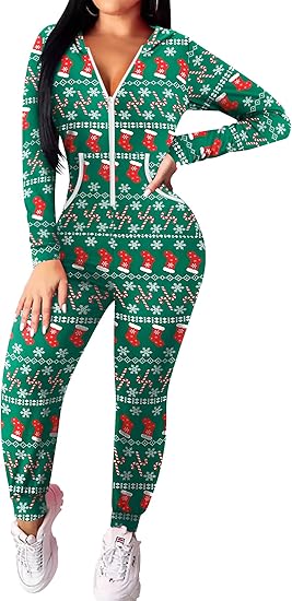 Ekouaer Christmas Onesie for Women Hooded Jumpsuit Long Sleeve Zip Up One Piece Pajamas Novelty Sleepwear