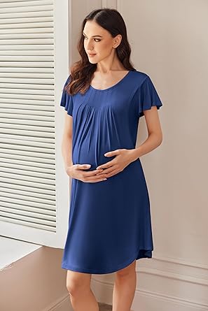 Ekouaer Nursing Nightown Labor and Delivery Gown for Hospital Pleated Breastfeeding Dress Short Sleeve Maternity Sleepwear