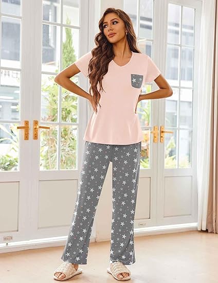 Ekouaer Pajama Sets for Women 2 Piece Short Sleeve Pj Sets With Long Printed Pants Sleepwear Casual Lounge Sets