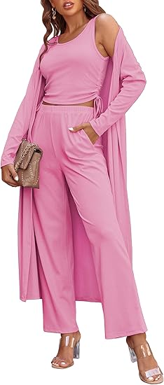 Ekouaer Women's 3 Piece Lounge Set Pajama Long Sleeve Cardigan Sleeveless Top Pants Sweatsuit