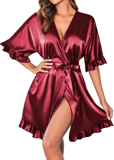 Ekouaer Womens Silk Ruffle Robe Short Satin Robe Half Sleeve Bathrobe Bridesmaid Wedding Party Dressing Gown