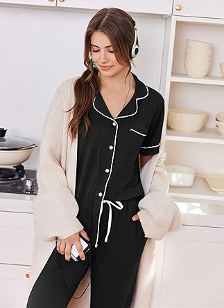 Ekouaer Women Pajama Set Short Sleeve Button Down Pjs Soft Comfy Sleepwear Nightwear with Jogger Pants