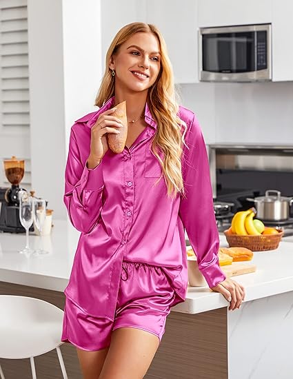 Ekouaer Womens 2 Piece Satin Pajama Set Long Sleeve PJs Sets Button Down Lounge Sets Soft Sleepwear Set