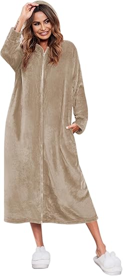 Ekouaer Fleece Robes for Women Hooded Plush Zipper Front Long Bathrobe Warm House Robe Sleepwear with Pockets