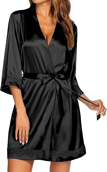Ekouaer Women's Lace-Trim Silk Robes Bride Bridesmaid Satin Bathrobe V Neck Sleepwear with 3/4 Sleeve