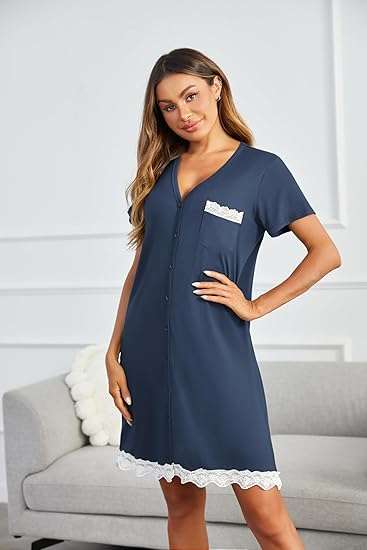 Ekouaer Womens Nightgown Short Sleeve Night Dress Printed Sleepwear Soft Sleep Shirt
