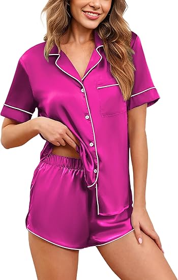 Ekouaer Womens Silk Satin Pajamas Set Short Sleeve Sleepwear Button Down Loungewear 2 Piece Pjs Shorts