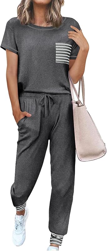 Ekouaer Pajama Sets for Women Short Sleeve Pjs Sets 2 Piece Loungewear Sleepwear with Long Joggers Pants