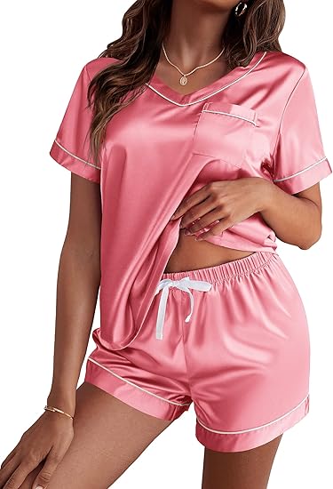Ekouaer Silk Pajama for Women Short Sleeve Satin Pj Set Two Piece Soft Sleepwear Loungewear