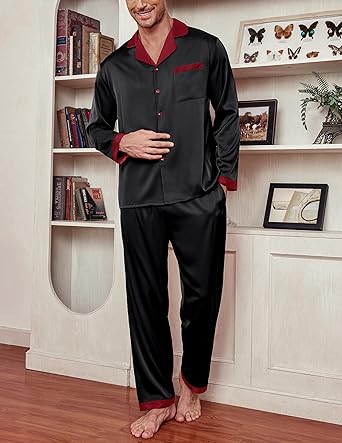 Ekouaer Men's Silk Pajama Set Long Satin Loungewear 2 Piece Pjs Classic Button Down Sleepwear Black Red L