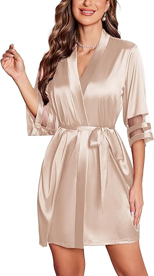Ekouaer Women's Satin Robe Silk Bathrobe Bridesmaid Wedding Bridal Party Robes 3/4 Bell Sleeve Sleepwear