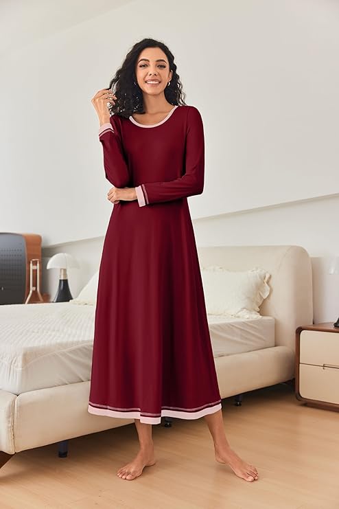 Ekouaer Nightgown Women Long Sleeve Sleepwear Full Length Long Nightshirt Soft Loungewear
