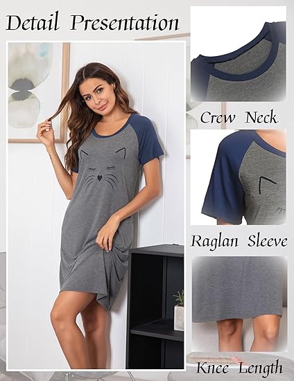 Ekouaer Womens Nightgown Short Sleeve Night Dress Printed Sleepwear Soft Sleep Shirt