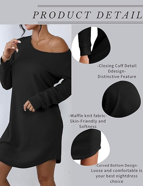 Ekouaer Nightgowns for Woman Waffle Knit Long Sleeve Nightgown Sleep shirts Night Dress for Women