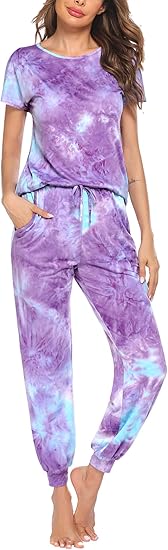 Ekouaer Womens Pajama Sets Short Sleeve Lounge Sets for Women Printed Jogger Pajama Set 2 Piece Pj Sets With Pockets