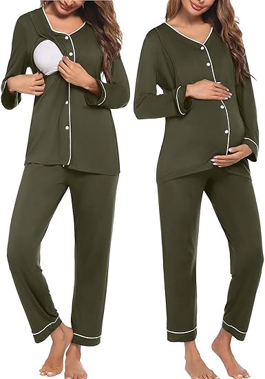 Ekouaer Maternity Pajama Set Button Down Nursing Pajamas Long Sleeve Breastfeeding Loungewear with Adjustable Pants