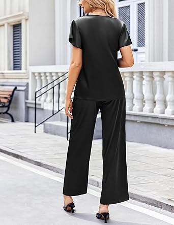 Ekouaer Women's Satin Silky Pajama Set 2 Piece Short Sleeve Shirt with Long Pants Pjs Sets Soft PJ Loungewear