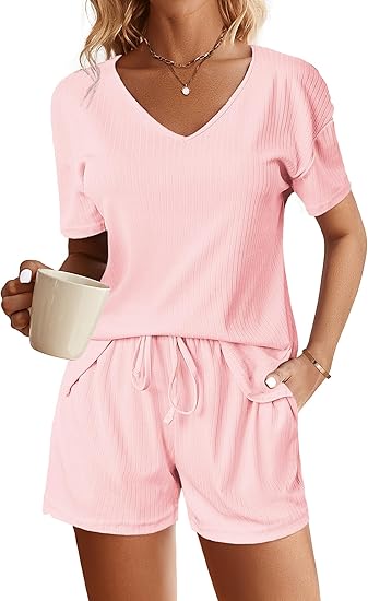 Ekouaer Womens Ribbed Knit Lounge Set Short Sleeve Top and Shorts Sleepwear Pajama Set Two Piece Shorts Outfits Set
