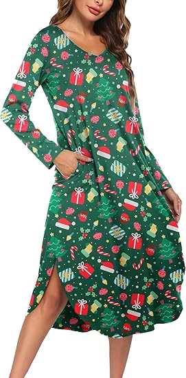 Ekouaer Womens Nightgown V Neck Nightshirts Long Sleeve Sleepwear with Pockets