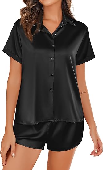Ekouaer Silk Pajamas for Women Short Sleeve Satin Pajama Set 2 Piece Button Down Loungewear