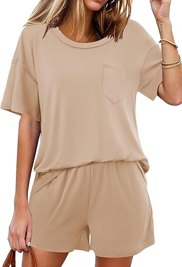 Ekouaer Women's 2 Piece Pajama Sets Short Sleeve Lounge Sets Soft Round Neck Top and Shorts Sleepwear