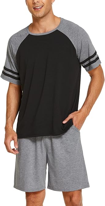 Ekouaer Mens Pajama Short Sets Short Sleeve Crewneck Pajama Lounge Set Raglan Sleepwear