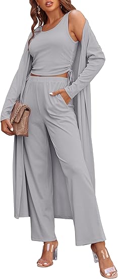 Ekouaer Women's 3 Piece Lounge Set Pajama Long Sleeve Cardigan Sleeveless Top Pants Sweatsuit