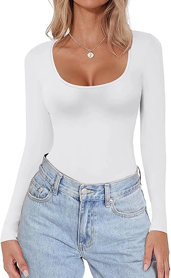 Ekouaer Women Long Sleeve Shirt Scoop Neck Tops Slim Fit Basic Top Thermal Undershirts Base Layer Tee