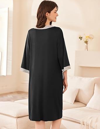 Ekouaer Women Zipper Robe 3/4 Sleeve Nightgowns Lightweight Short Bathrobe with Pockets
