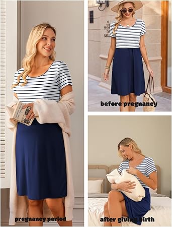 Ekouaer Women's Nursing Dress Summer Short Sleeve Patchwork Maternity Breastfeeding Knee Length Dress