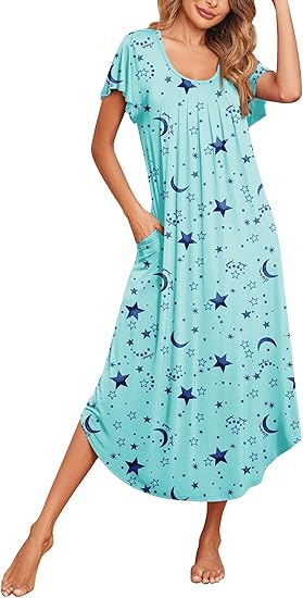 Ekouaer Long Nightgowns for Women with Pockets Short Sleeves Moo Moos for Women Casual Maxi Dress House Dresses Star Print XXXL