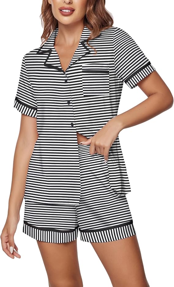 Ekouaer Women's Pajama Sets 2 Piece Short Sleeve Button Down Tops and Pants Pj Set V Neck Sleepwear Loungewear Chest Pocket