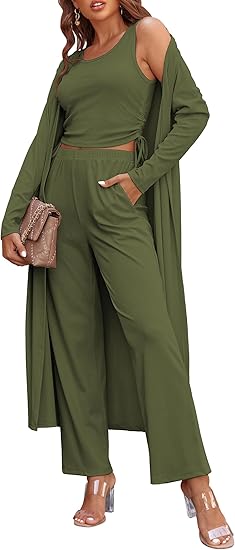 Ekouaer Women's 3 Piece Lounge Set Pajama Long Sleeve Cardigan Sleeveless Top Pants Sweatsuit