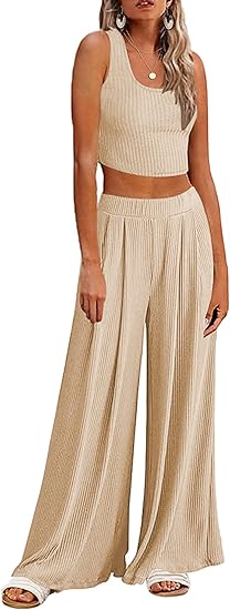 Ekouaer Women's Pajamas 2 Piece Lounge Set Ribbed Knit Loungewear Sleeveless Tank Top Wide Leg Pants