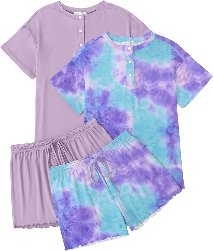 Ekouaer 2 Pack Womens Pajama Sets Short Sleeve Top with Shorts Soft Comfy Loungewear Sleepwear