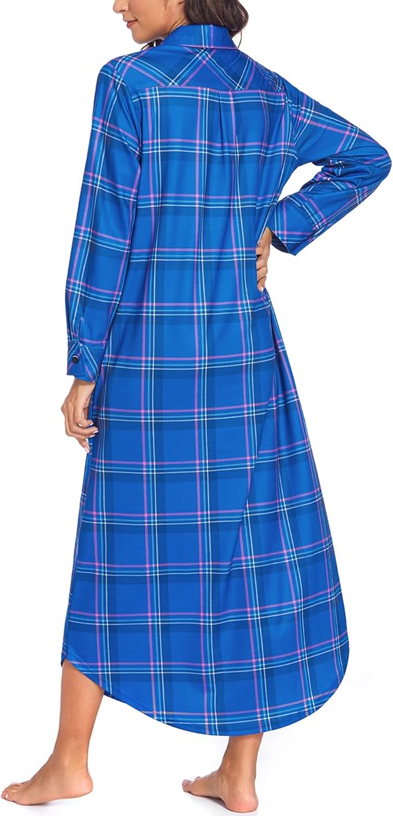 Ekouaer Women's Nightgown Long Sleeve Nightshirt Full Length Loungewear Plaid Sleepwear With Pockets
