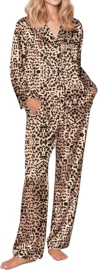 Ekouaer Silk Pajamas for Women Button Down Satin Pj Set Soft Long Sleeve 2 Piece Sleepwear Loungewear