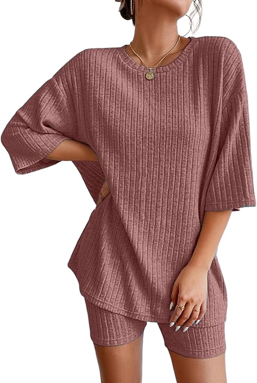 Ekouaer Pajamas 2 Piece Lounge Sets Ribbed Knit Matching Outfits T-shirt Biker Shorts Sleepwear Loungewear Sweatsuits