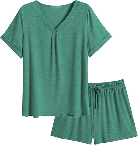 Ekouaer Pajamas Set Women's Short Sleeve 2 Piece PJ Sets V Neck Comfy Sleepwear Loungewear with Pockets