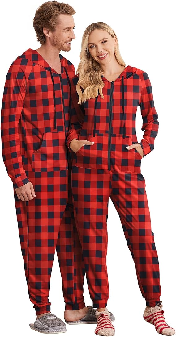Ekouaer Christmas Onesie for Couples Zipper Hooded Adult Matching Onesie Pajamas with Pockets