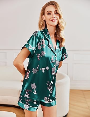 Ekouaer 2 Pack Pajama Sets for Women Silk Satin Pj Short Sleeve Button Down Sleepwear Top and Shorts Summer Lounge Set