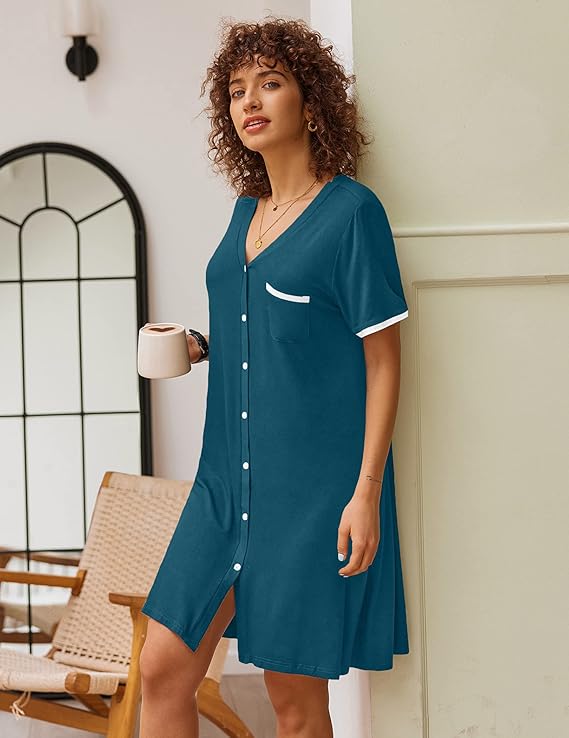 Ekouaer Nightgowns for Women Button Down Pajamas Tops Short Sleeve Sleepwear V-Neck Sleepwear