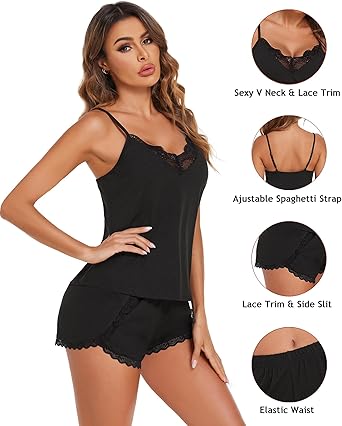 Ekouaer Satin Pajama Set for Women 2 Piece Silky Lingerie Sleepwear Lace Camisole Pj Shorts Set Soft Nightwear