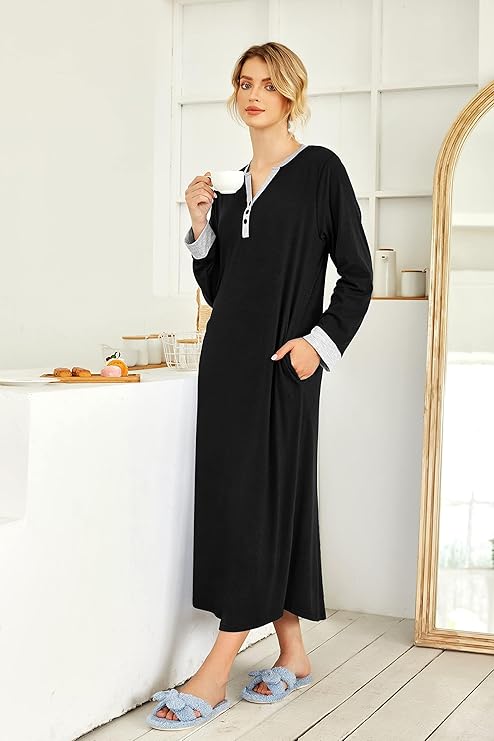 Ekouaer Womens Nightgown Long Loungewear V Neck Nightshirt Sleepwear Full Length Sleepshirt with Pockets