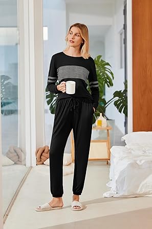 Ekouaer Womens Pajama Sets Long Sleeves 2 Pieces Casual Loungewear Outfits Round Neck Sleepwear with Pockets