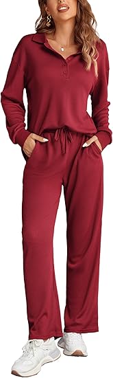 Ekouaer Womens 2 Piece Matching Lounge Sets Fall Outfits 2025 Sweatsuit Waffle Knit Pajamas Sets Long Sleeve Sweater Clothes