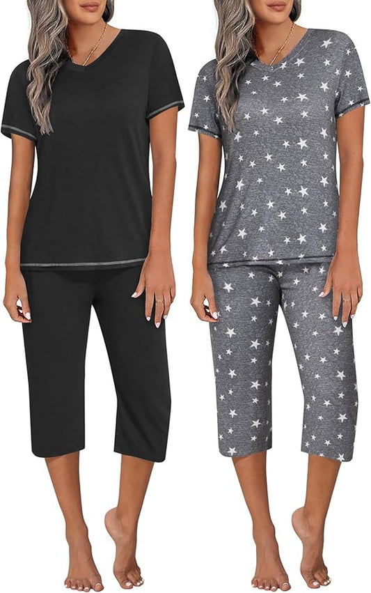 Ekouaer 2 Pack Women's Pajamas Short Sleeve Sleepwear Tops and Capri Pants Pjs