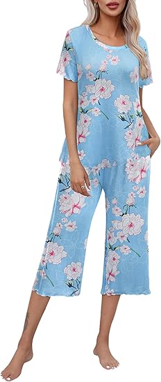 Ekouaer Capri Pajamas for Women Soft Pjs Set Short Sleeve Tee Top Loungewear Soft 2 Piece Sleepwear